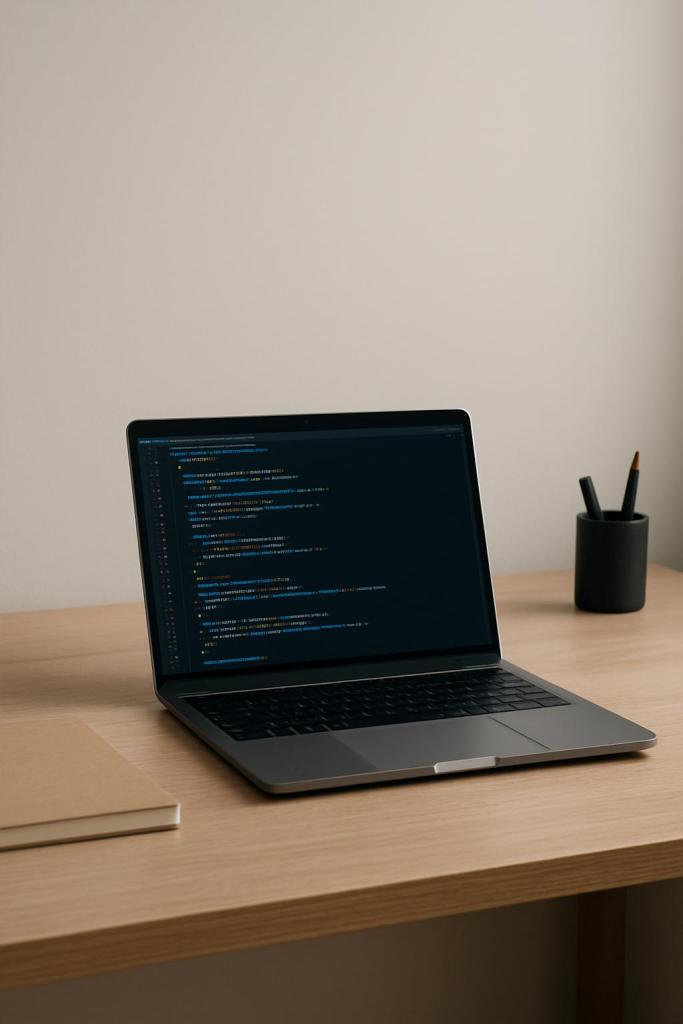 An open laptop on a desk in a minimalist workspace.